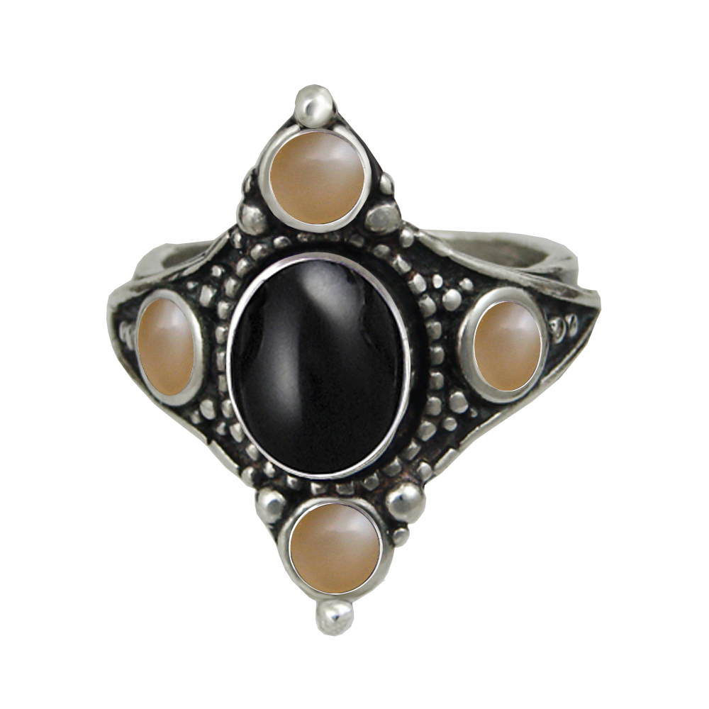 Sterling Silver Renaissance Queen's Ring With Black Onyx And Peach Moonstone Size 10